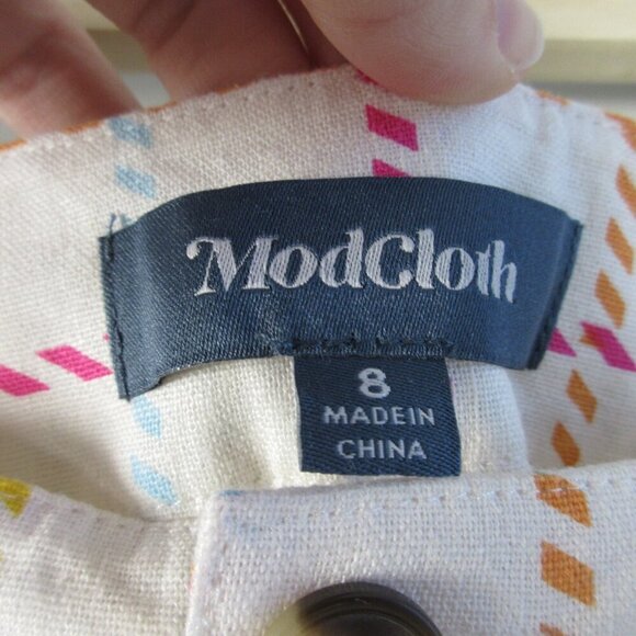 Modcloth Women's Wide Leg Pants 8 Ivory Linen Viscose Rainbow Plaid Preppy 306 - Picture 3 of 11